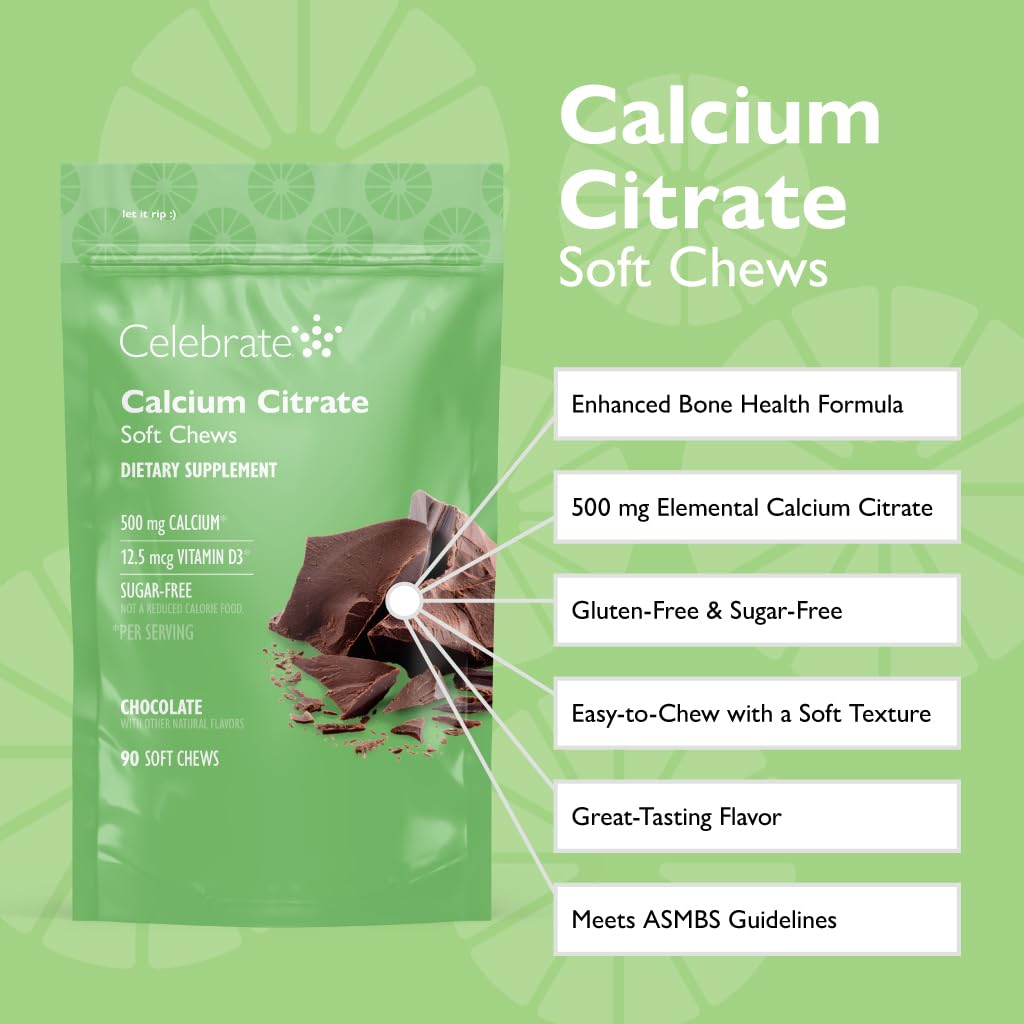 Celebrate Vitamins Bariatric 500mg Calcium Citrate Soft Chews with 500 IU Vitamin D3 – Essential for Gastric Bypass Patients & Bone Health - Sugar & Gluten Free, Chocolate (90 Chews)