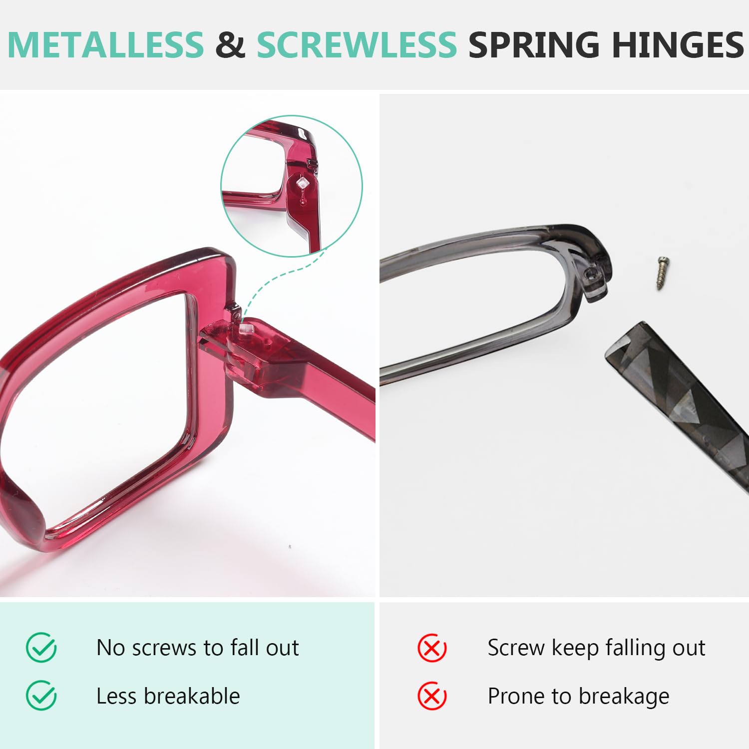 Eyekepper Huge Metalless Reading Glasses with Screwless Spring Hinges 6 Pack Oversized Readers for Women +2.50