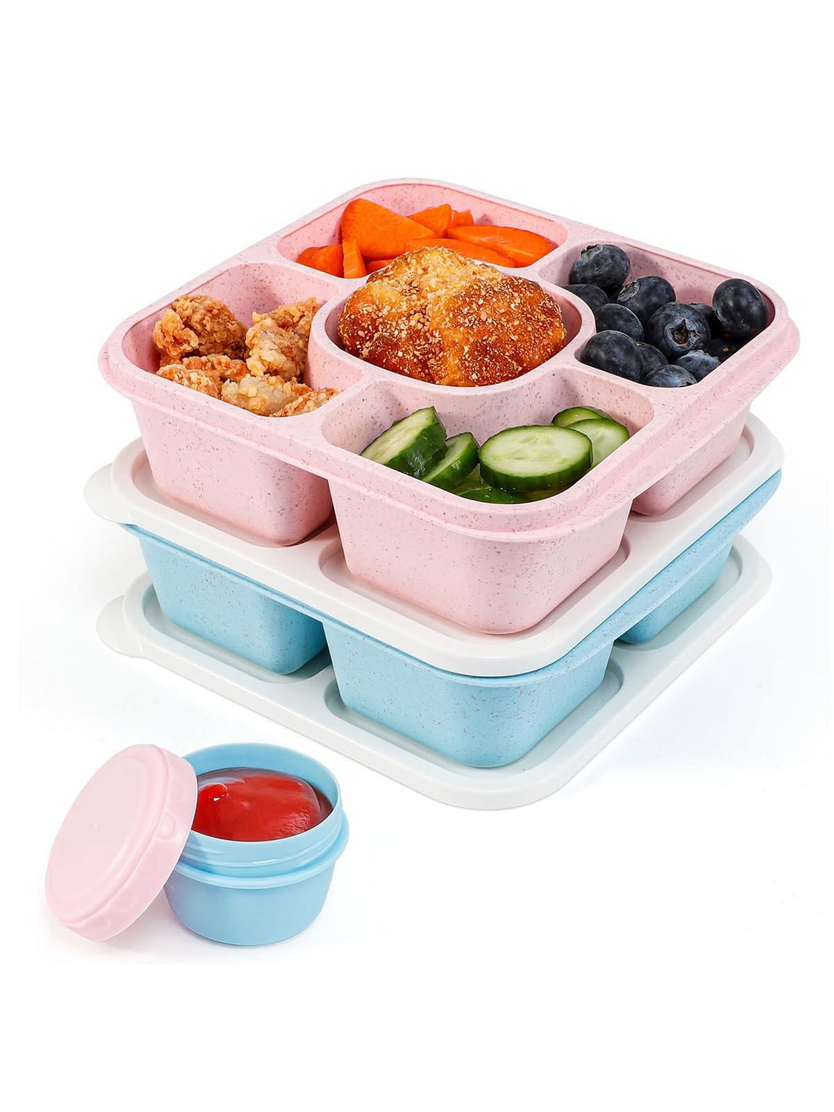 "Bentobox de 5 compartimentos color rosa y azul para snacks y almuerzos"