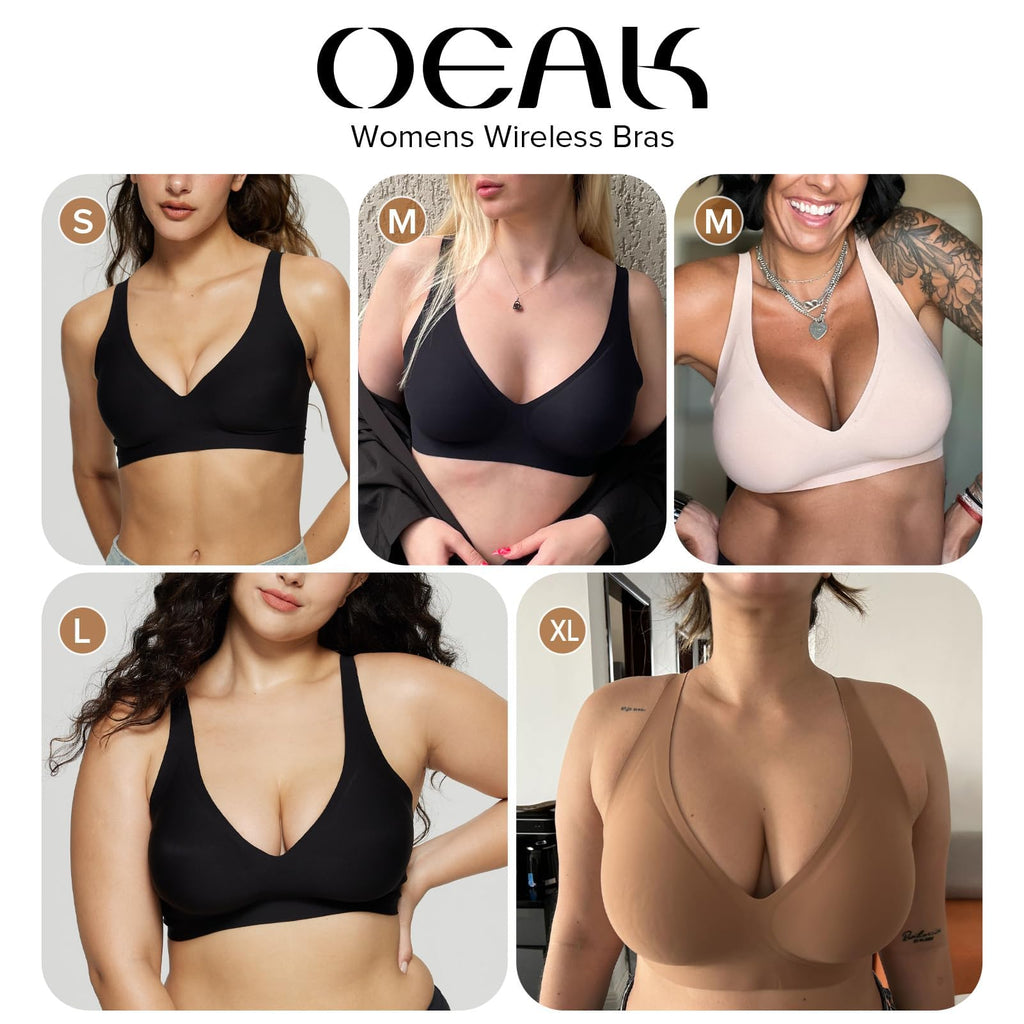 OEAK Womens Deep V Bras Wireless Comfortable Bra Supportive No Underwire Bras Tshirt Push Up Bralettes Plunge Seamless Bra Black M