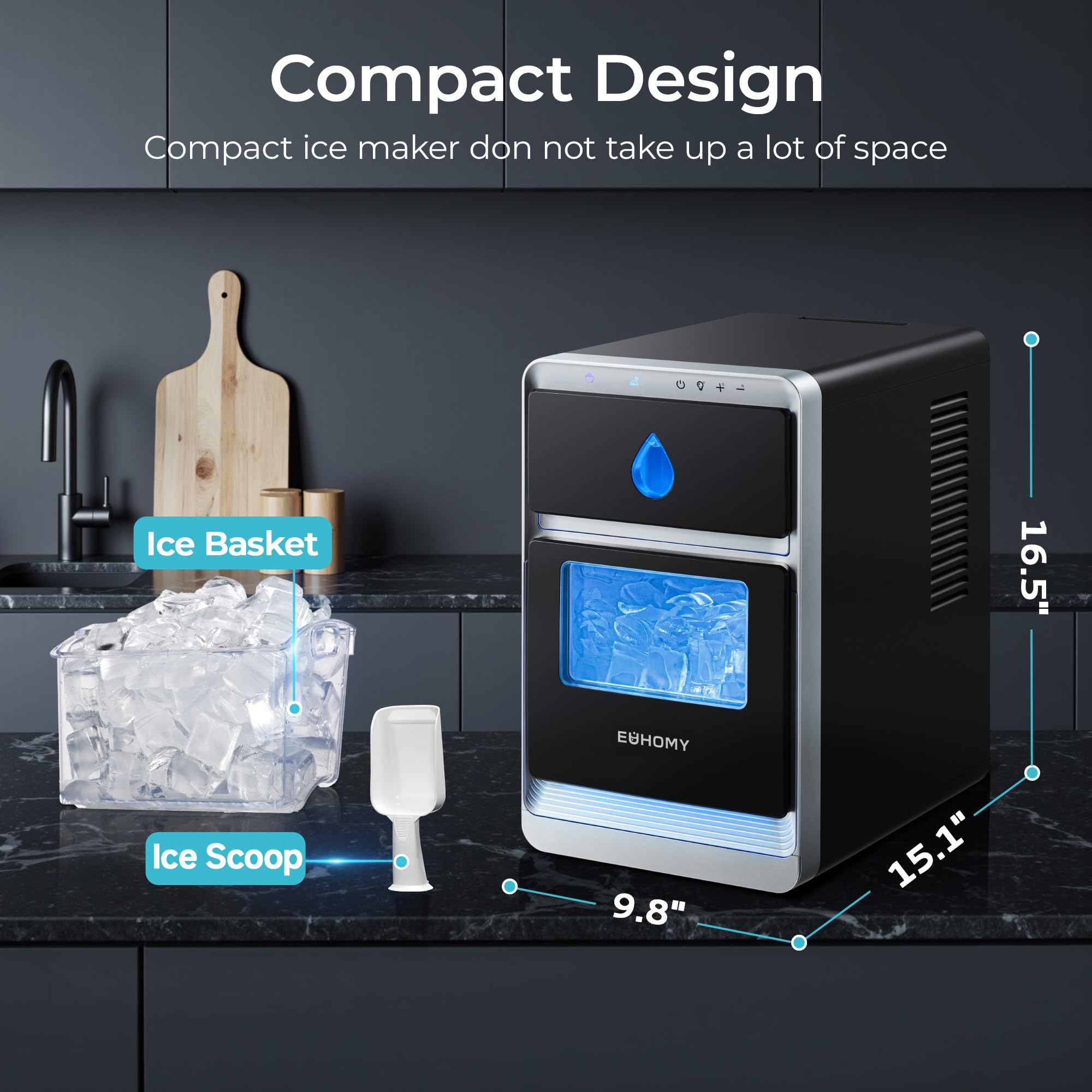 Máquina de hielo EUHOMY portátil con cubos tipo media luna