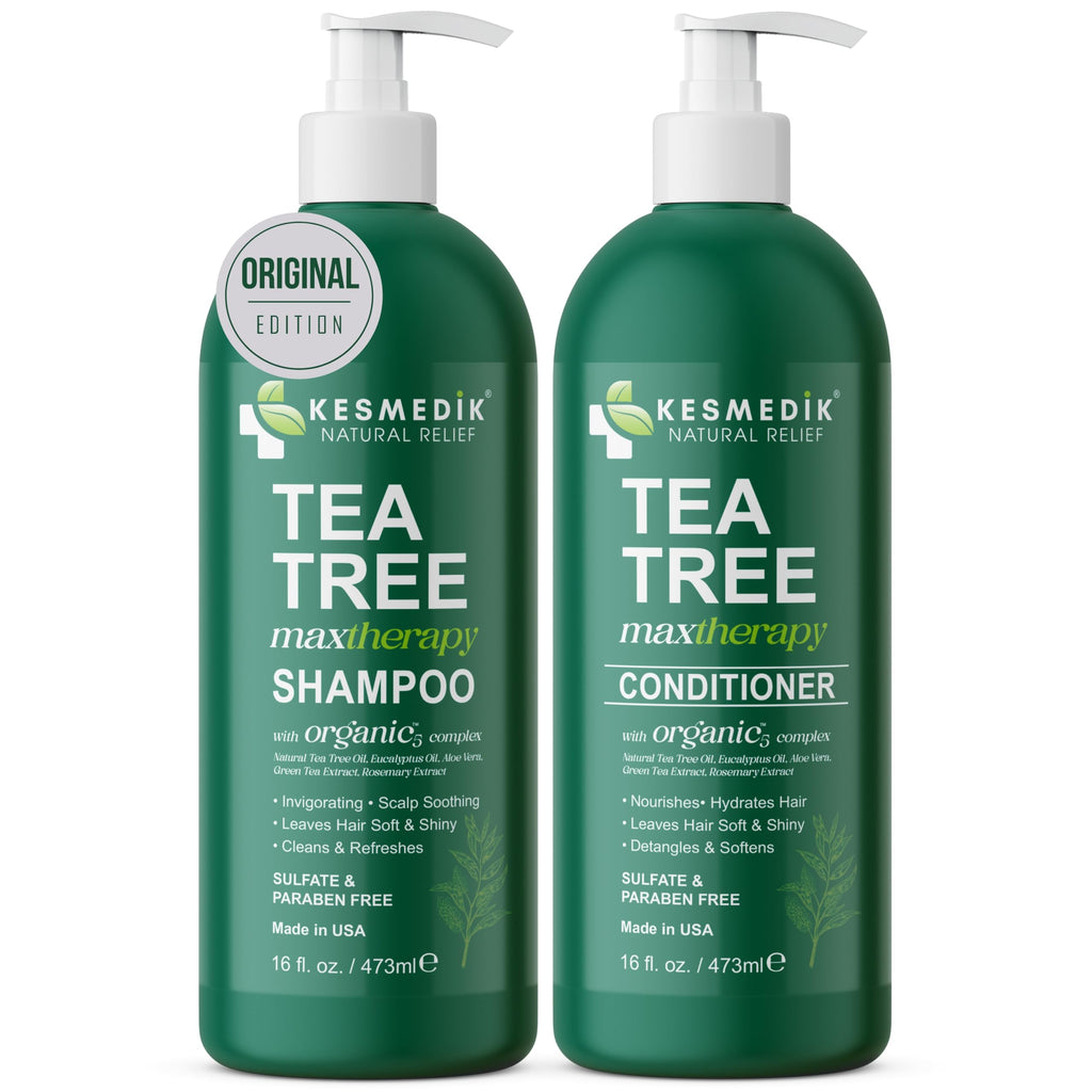 KESMEDIK Tea Tree Oil Shampoo and Conditioner MaxTherapy Set, Itchy Scalp Relief, Refreshes & Cleanses Dandruff & Buildup, Clarifying for Oily Hair, Women & Men, 16 fl oz Each