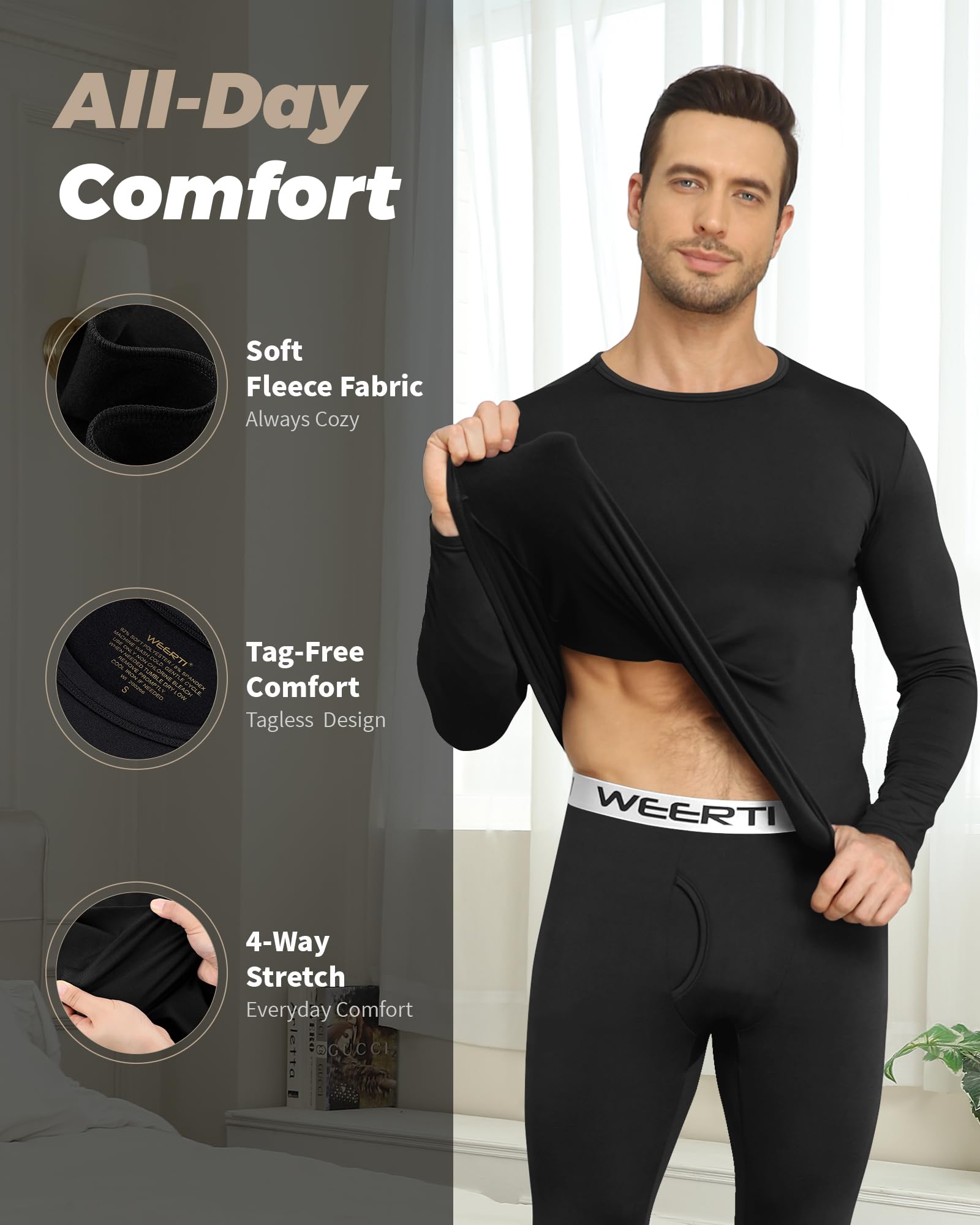 WEERTI Thermal Underwear for Men Long Johns with Fleece Lined Base Layer Men Cold Weather Top Bottom Black