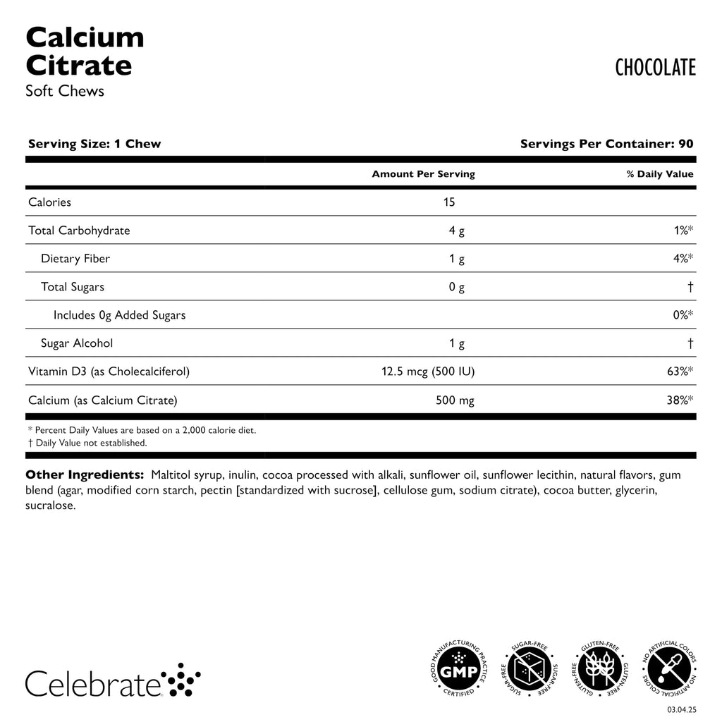 Celebrate Vitamins Bariatric 500mg Calcium Citrate Soft Chews with 500 IU Vitamin D3 – Essential for Gastric Bypass Patients & Bone Health - Sugar & Gluten Free, Chocolate (90 Chews)