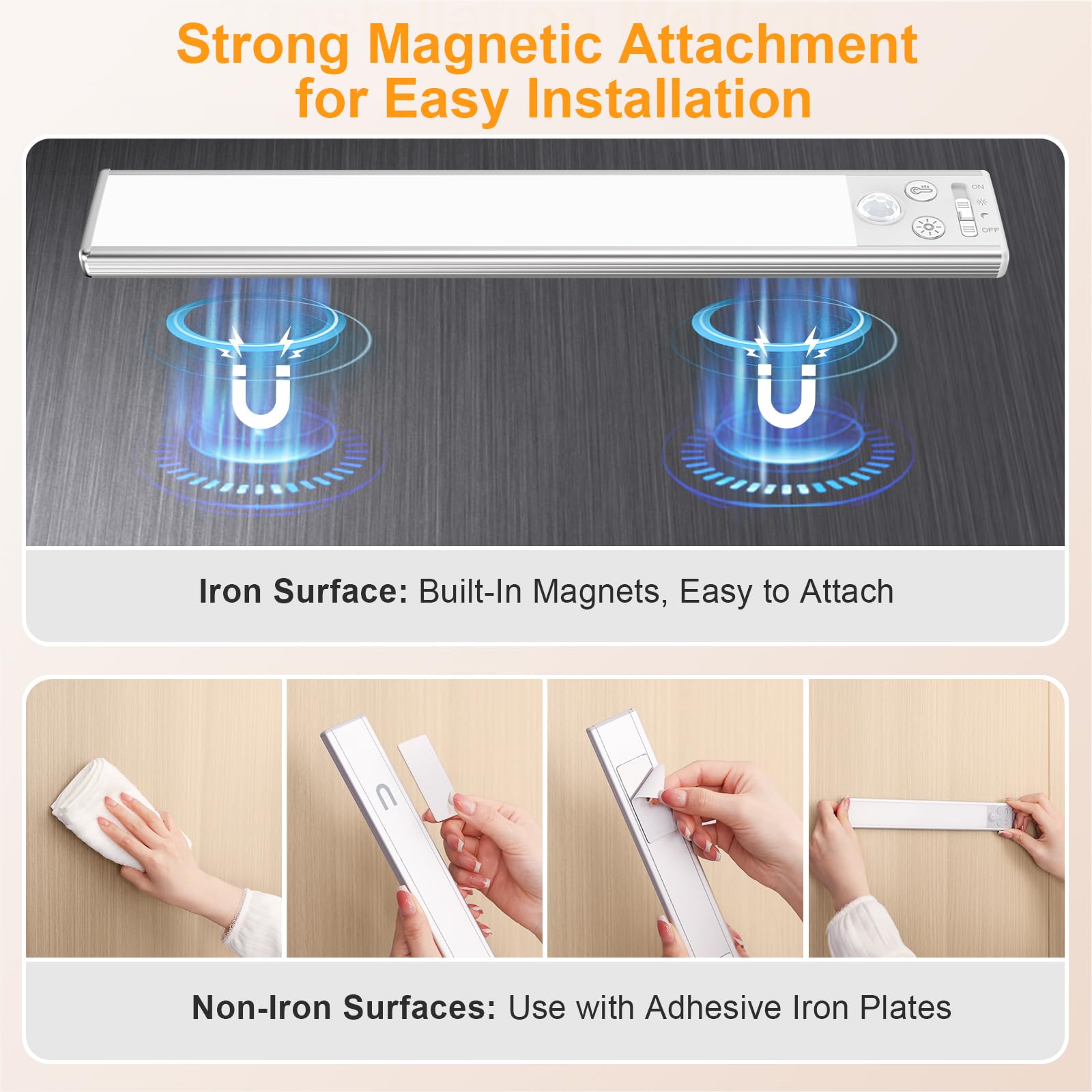 Gritin 10.2inch Under Cabinet Lighting Rechargeable -84 LED Super Bright,3-Color& 5 Level Brightness,4 Modes,Motion Sensor,Long Lasting- Easy Installation Magnetic Under Cabinet Closet Lights -2 Pack