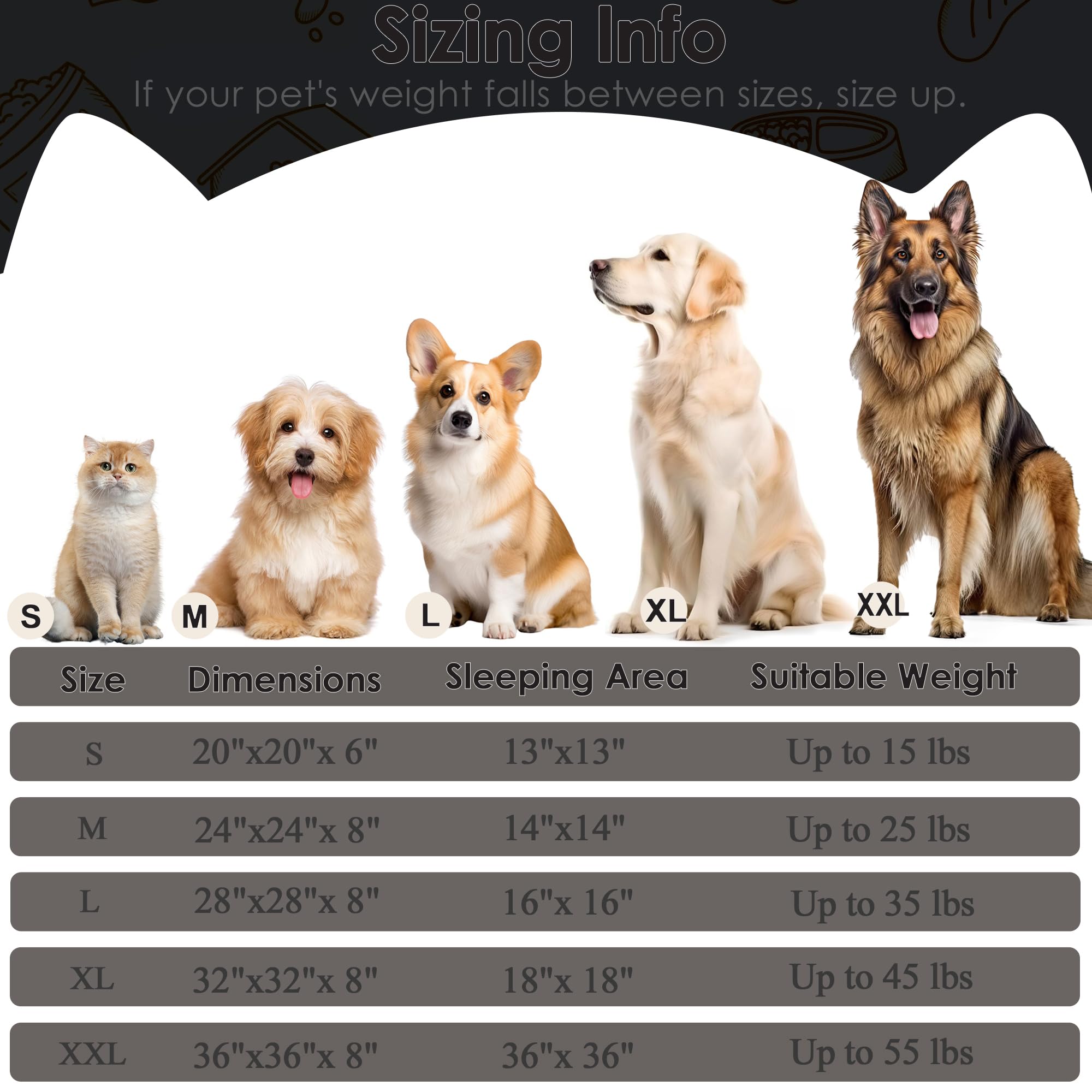 Guía de tamaños cama Hoewina para mascotas