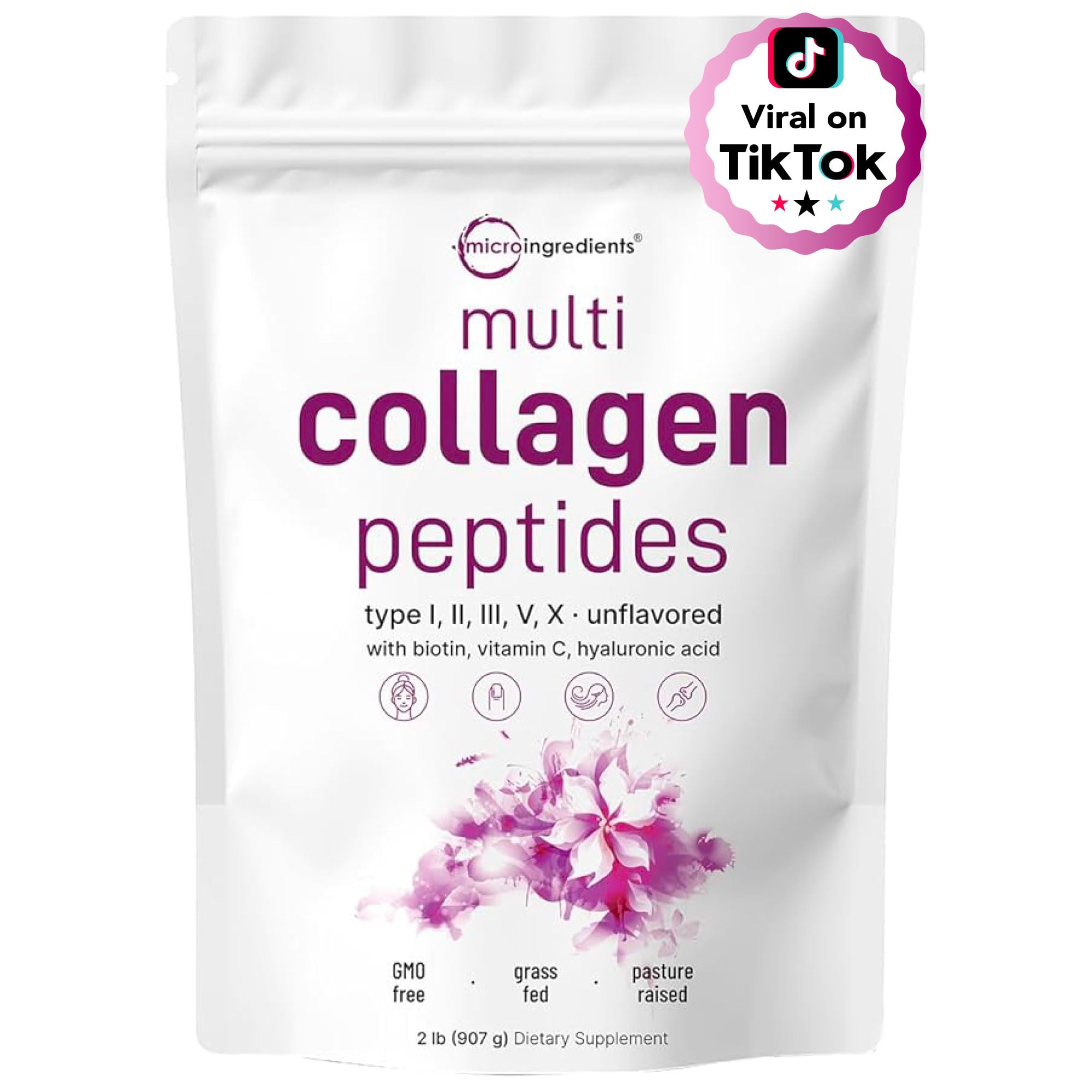 Micro Ingredients Multi Collagen Peptides Powder, 2 Pounds | Full Spectrum Type I, II, III, V, X + Biotin, Hyaluronic Acid, & Vitamin C | Unflavored | Keto & Paleo Friendly | Non-GMO
