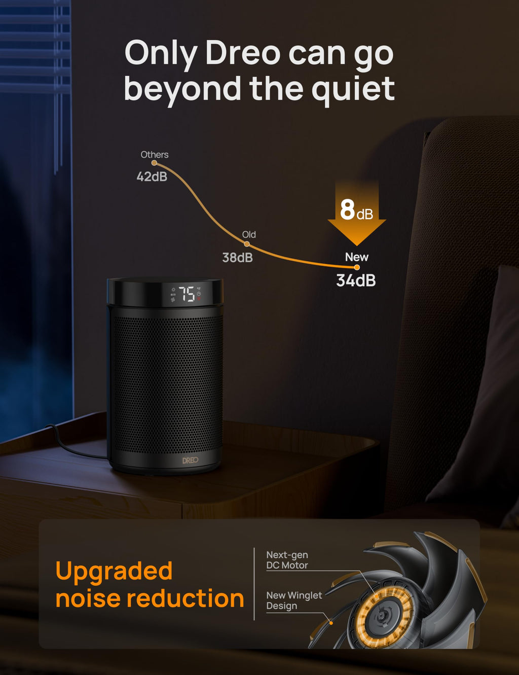 "Vista moderna del calentador Dreo portátil para interiores"