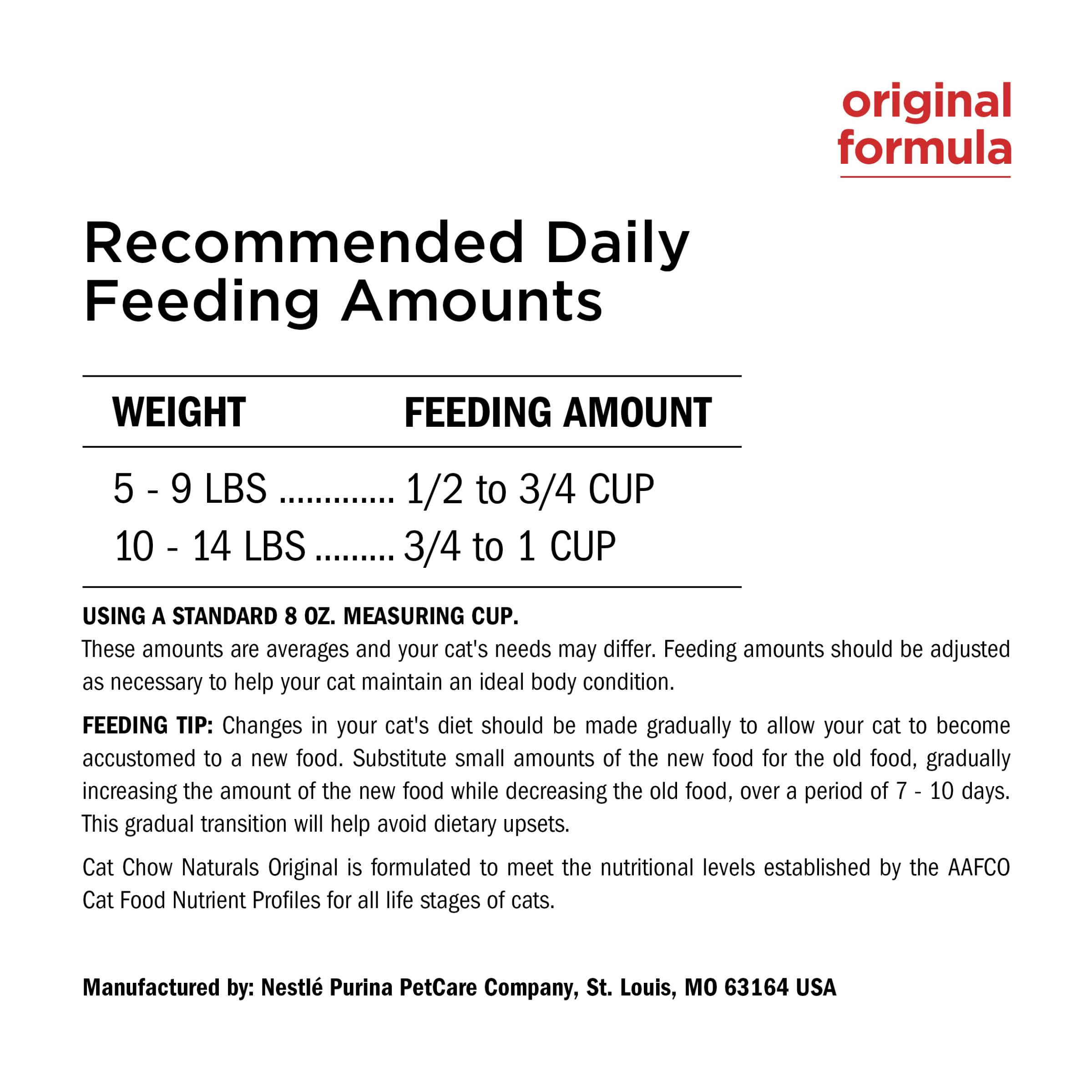 Información nutricional de Purina Cat Chow, mas recomendaciones diarias 