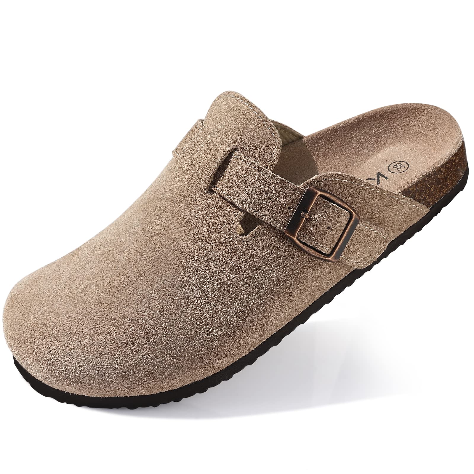 KIDMI Genuine Suede Clogs for Women Cork Footbed Sandals Leather Mules Potato Shoes with Arch Support Taupe 40 (Size 8.5)