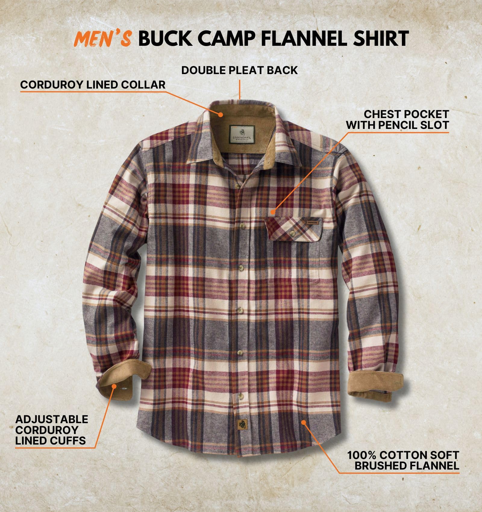 Legendary Whitetails Mens Flannel Shirt Long Sleeve Button Down 100% Cotton, Cedarwood Plaid, LRG