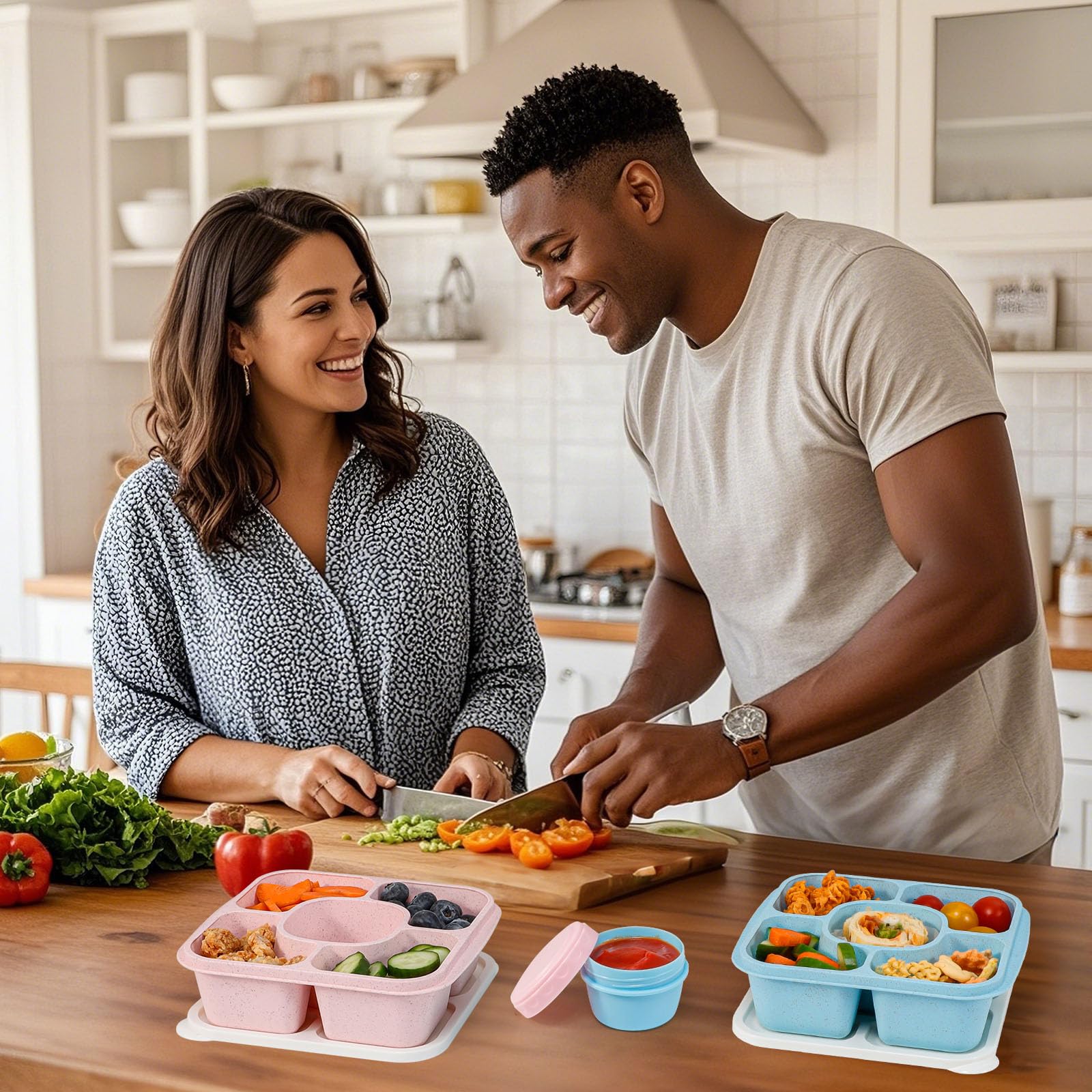 Pareja feliz utilizando el bentobox portátiles para snacks