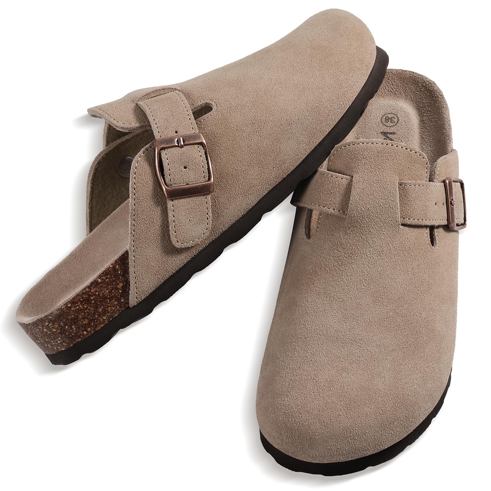 KIDMI Genuine Suede Clogs for Women Cork Footbed Sandals Leather Mules Potato Shoes with Arch Support Taupe 40 (Size 8.5)