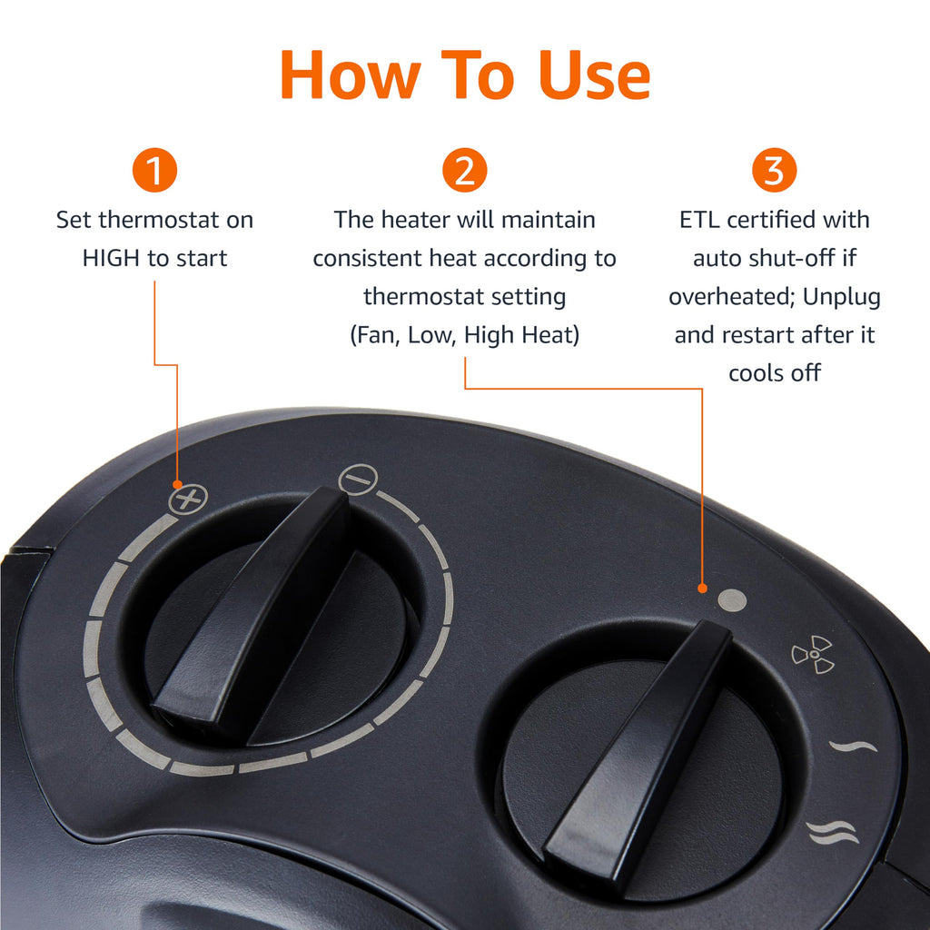 Controles del calentador portátil Amazon Basics 3 modos