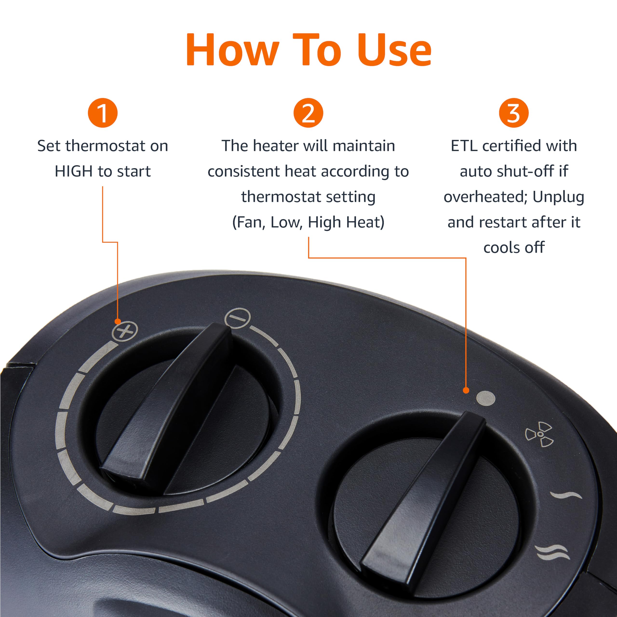 Controles del calentador portátil Amazon Basics 3 modos