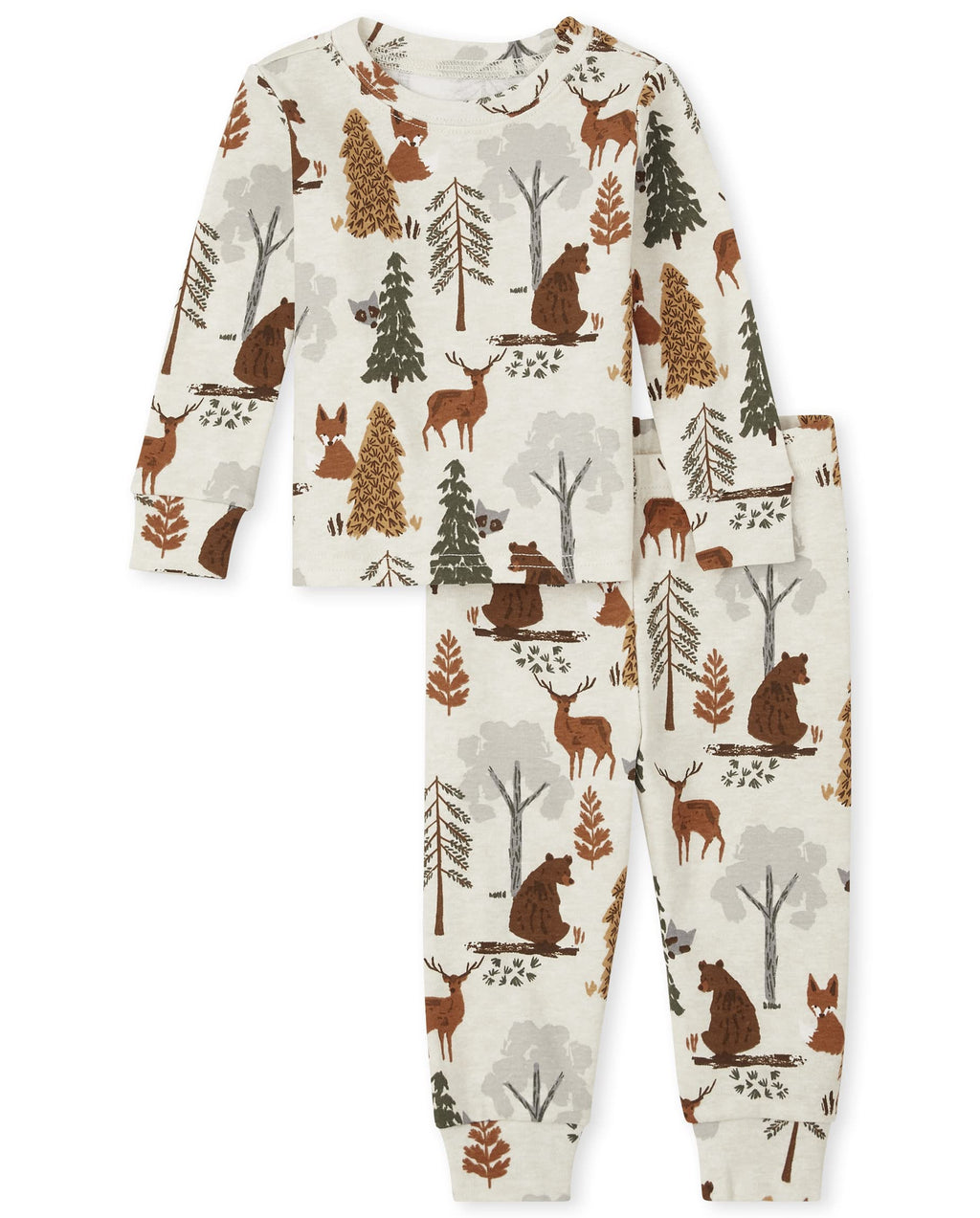 Pijama Infantil The Children’s Place – 2 Piezas, 100% Algodón, Ajuste Ceñido, Manga Larga | Estampado Woodland (Bosque y Animalitos)