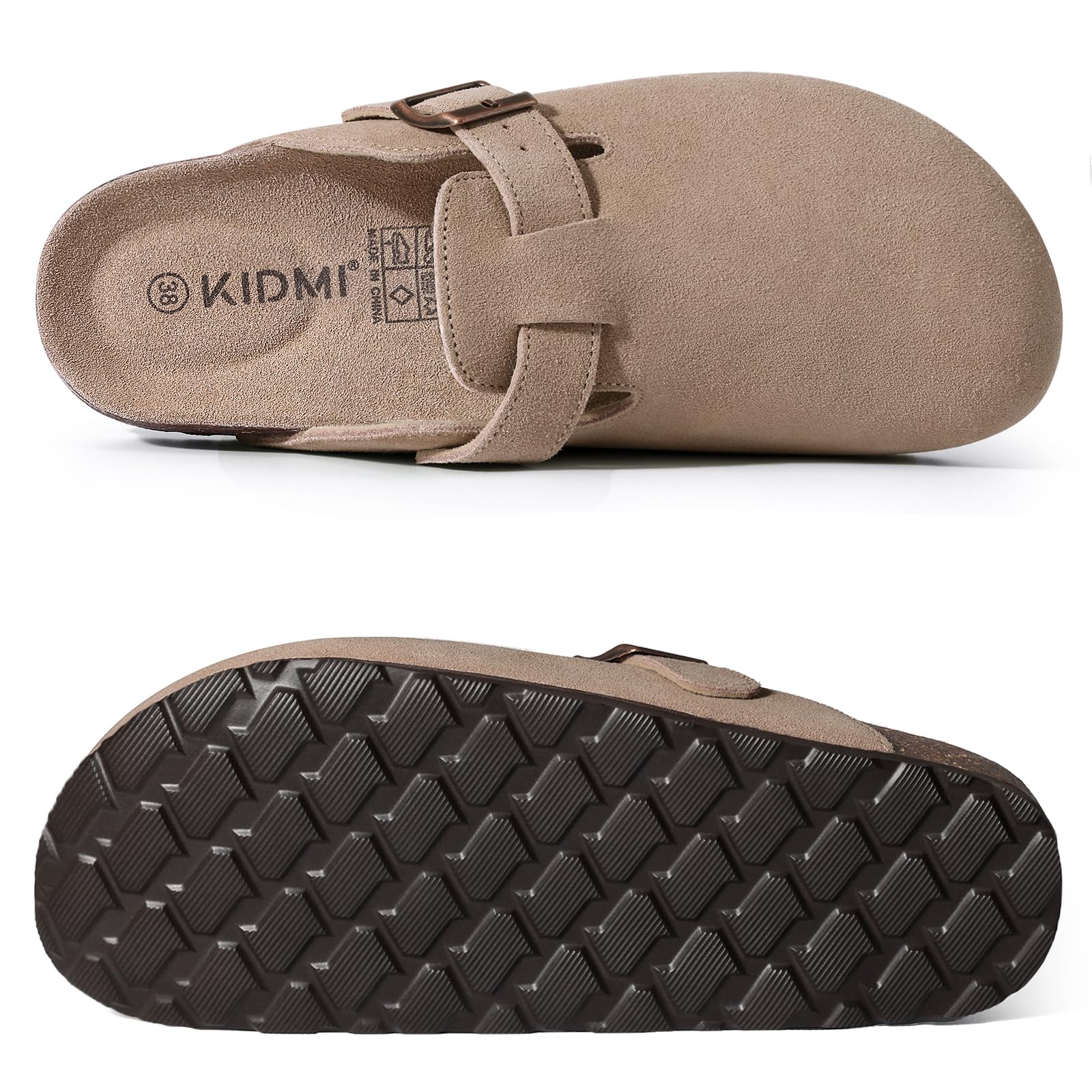 KIDMI Genuine Suede Clogs for Women Cork Footbed Sandals Leather Mules Potato Shoes with Arch Support Taupe 40 (Size 8.5)