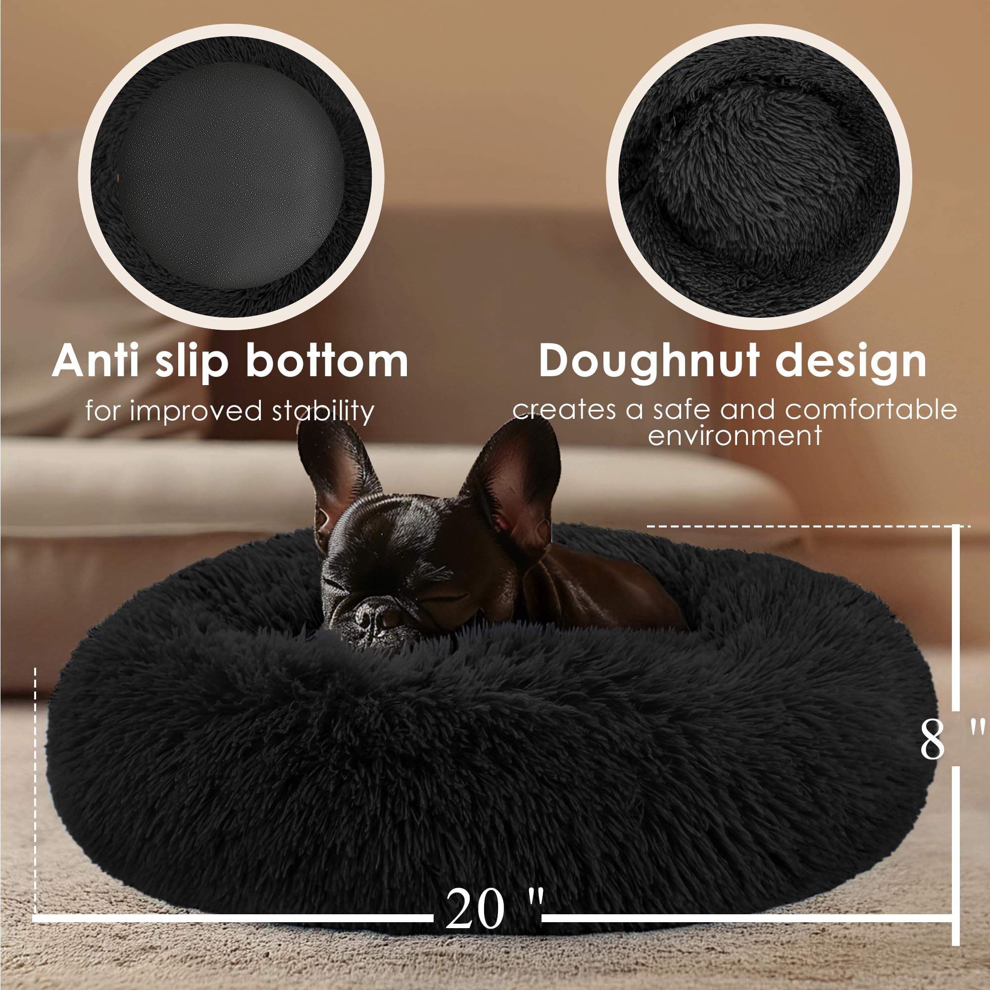 Cama donut Hoewina negra con gato durmiendo