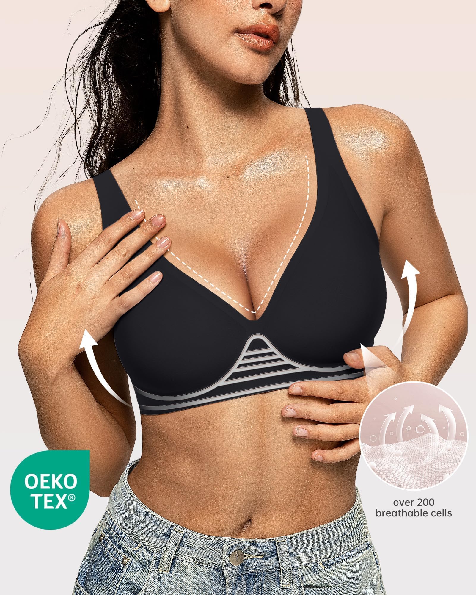 OEAK Womens Deep V Bras Wireless Comfortable Bra Supportive No Underwire Bras Tshirt Push Up Bralettes Plunge Seamless Bra Black M
