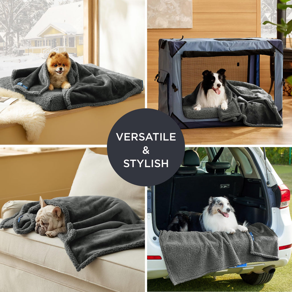Variedad de perritos con sus mantas Vista de la manta impermeable Bedsure mostrando diseño reversible.